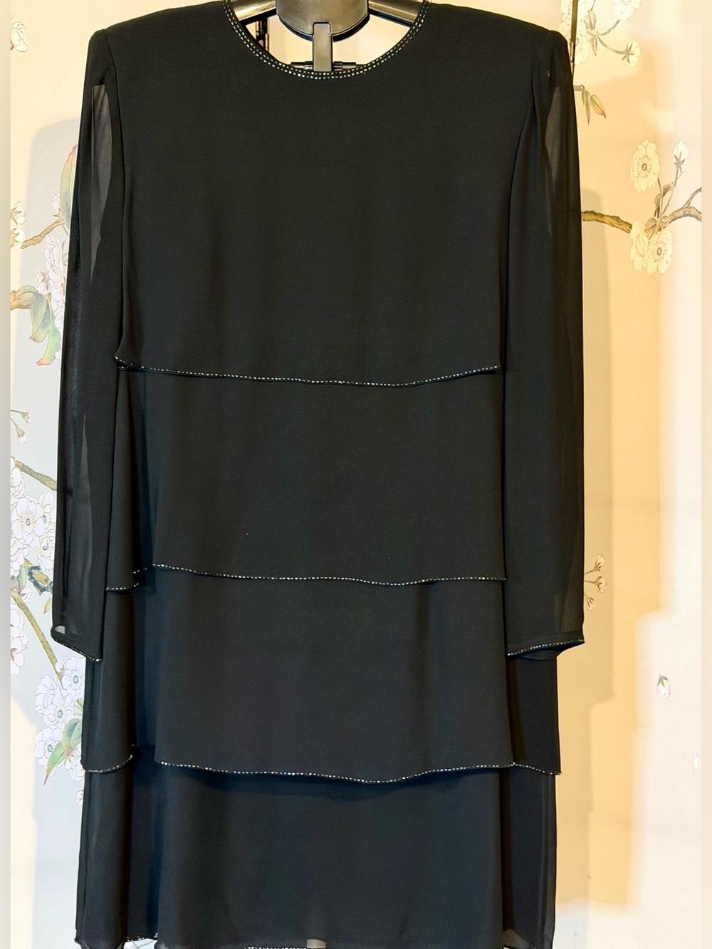 Kay Unger Black Silk Tiered Long Sleeve Evening Dress with Beaded Trim